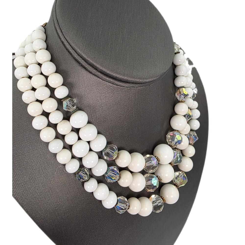 Vintage Laguna White and AB Bead Triple Strand Choker Necklace 1950s